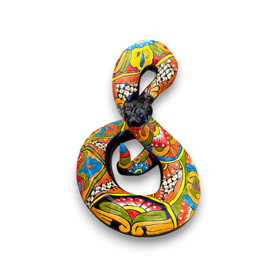 Talavera Snake Statue | Multicolor Handcrafted Mexican Rattlesnake - hand-painted coiled Talavera rattlesnake with cobalt blue head