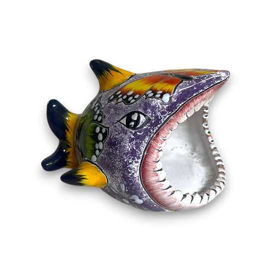 Colorful Talavera Shark Soap Dish | Handcrafted Ceramic Holder - hand-painted shark-shaped Talavera soap dish with bright floral and geometric patterns