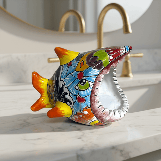 Colorful Talavera Shark Soap Dish | Handcrafted Ceramic Holder hand-painted shark-shaped Talavera soap dish with bright blues, oranges and floral patterns