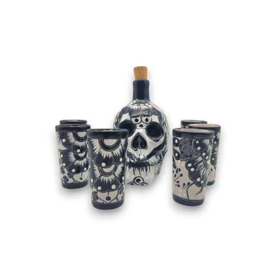 Talavera Skull Decanter with 6 Shot Glasses | Mexican Bar Set hand-painted black-and-white Day of the Dead ceramic skull decanter and six shot glasses