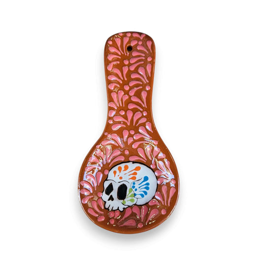 Colorful Talavera Skull Spoon Rest | Mexican Kitchen Art — hand-painted Talavera spoon rest with cheerful skull and pink floral bursts