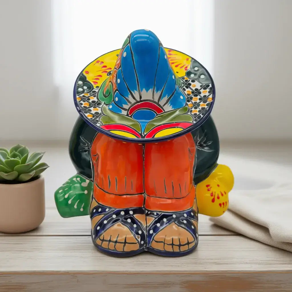 Talavera Canister with Lid | Sleeping Panchito Mexican Pottery Jar — hand-painted Talavera sleeping Panchito canister with vibrant sombrero and lid