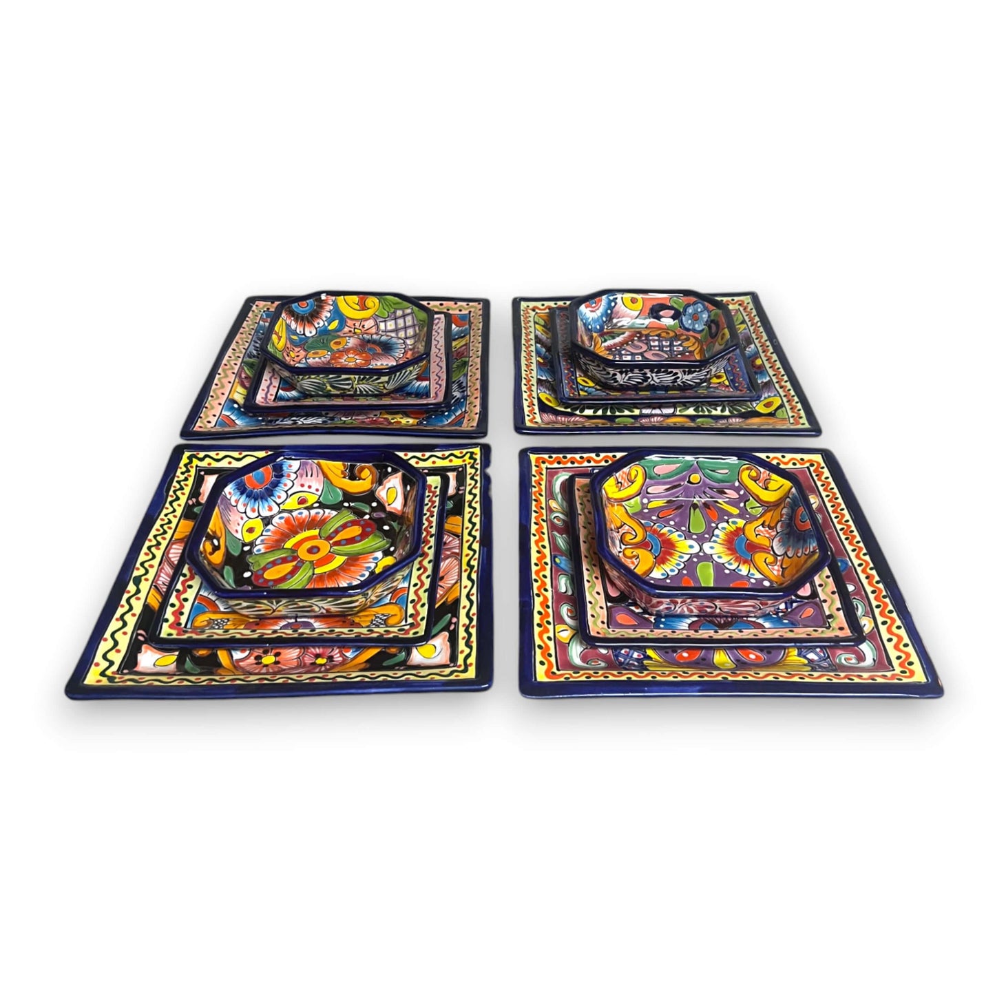 Talavera Square Dinnerware Set | 12-Piece Mexican Pottery Set — handcrafted hand-painted square plates and bowls in vibrant Talavera patterns