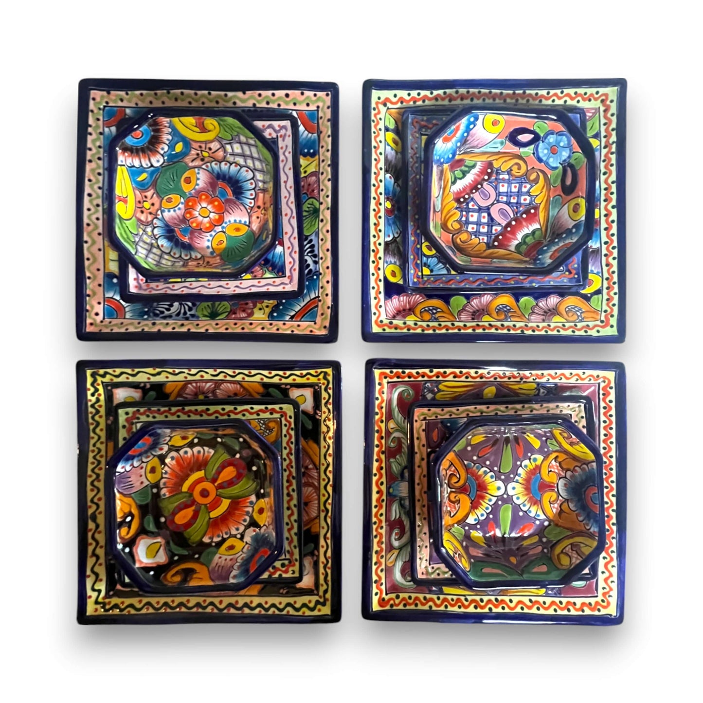 Talavera Square Dinnerware Set | 12-Piece Mexican Pottery Set - hand-painted square plates and bowls in vibrant traditional Talavera patterns