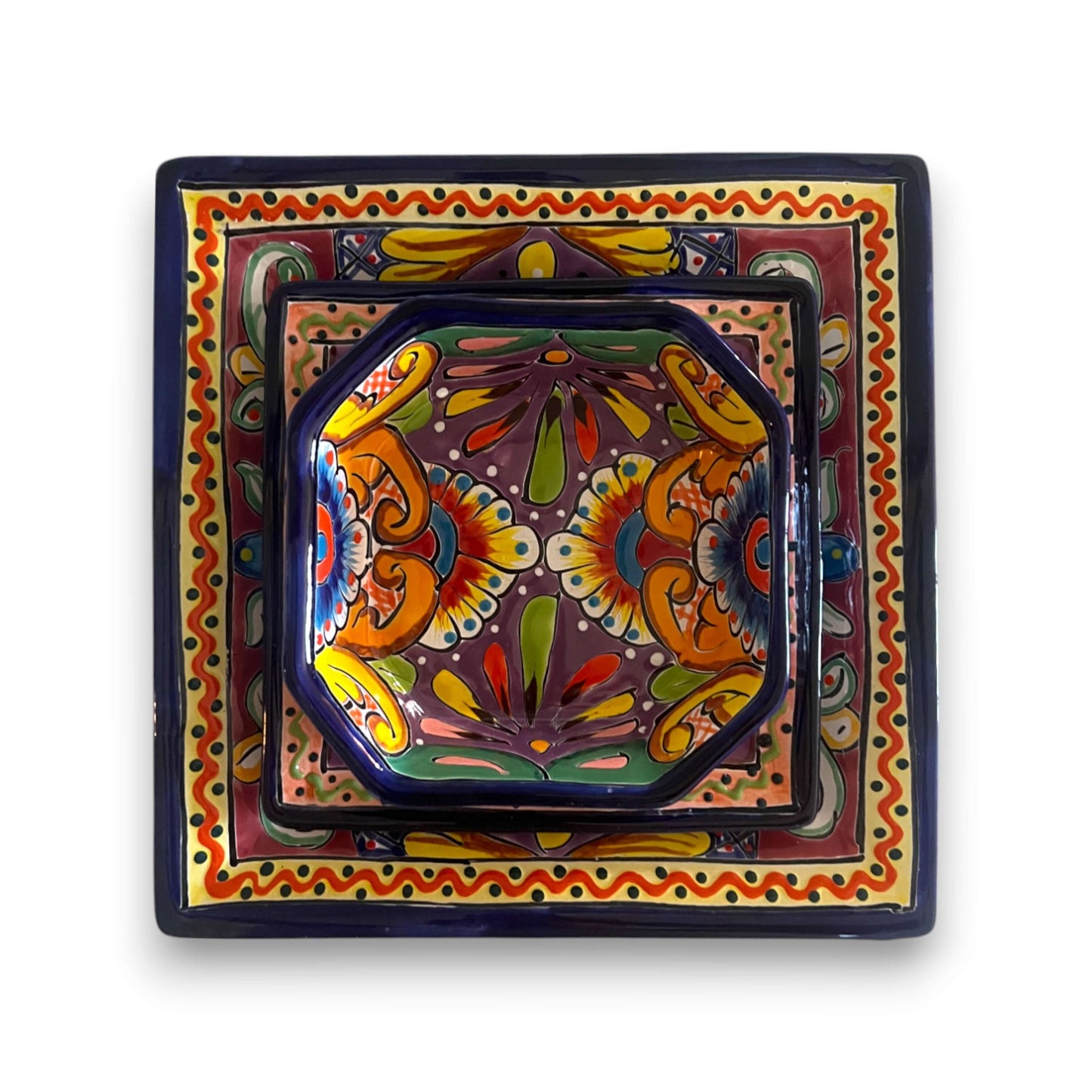 Talavera Square Dinnerware Set | 12-Piece Mexican Pottery Set hand-painted square plates and bowls in vibrant traditional Talavera design