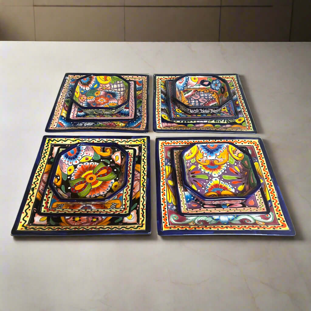 Talavera Square Dinnerware Set | 12-Piece Mexican Pottery Set - handcrafted hand-painted square plates and bowls with vibrant Talavera patterns