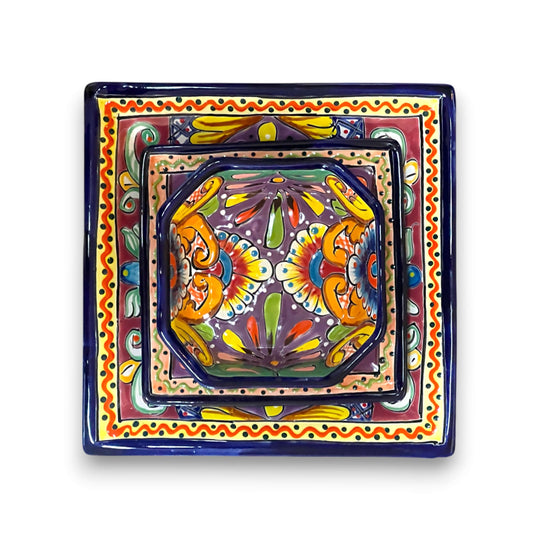 Talavera Square Dinnerware Set | 12-Piece Mexican Pottery Set hand-painted square plates and bowls in vibrant traditional Talavera pattern