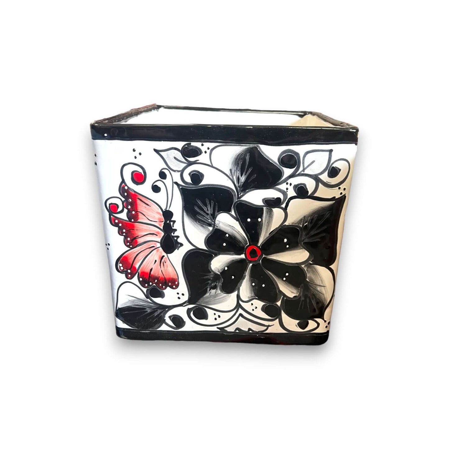 Set of 3 Hand-Painted Talavera Square Planters Set | Colorful Floral Pots - single black white floral butterfly square planter, handcrafted in Guanajuato