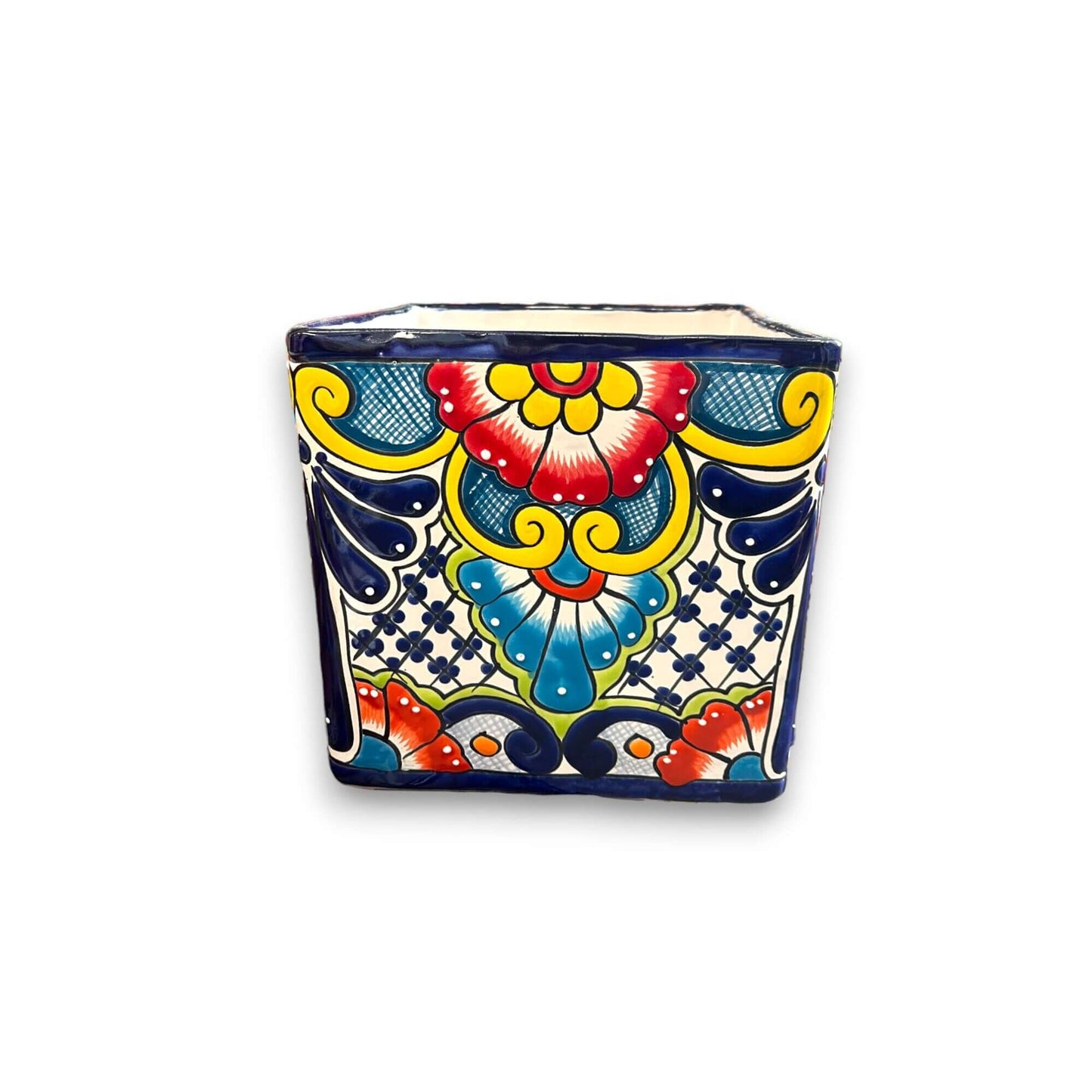 Set of 3 Hand-Painted Talavera Square Planters Set | Colorful Floral Pots - single hand-painted Talavera square planter with vibrant floral pattern