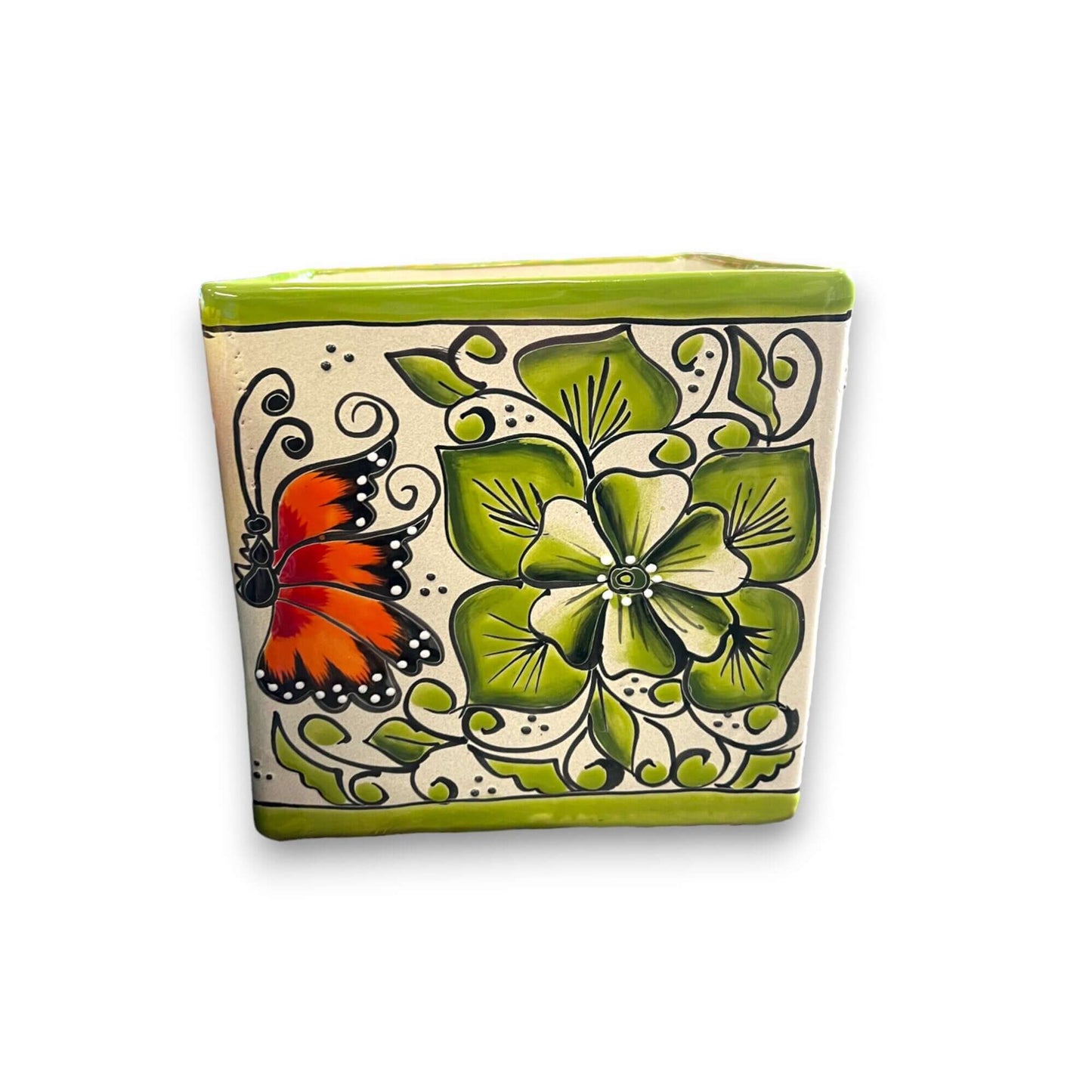 Set of 3 Hand-Painted Talavera Square Planters Set | Colorful Floral Pots - single green floral butterfly square planter hand-painted, Guanajuato, lead-free glaze