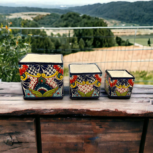 Set of 3 Hand-Painted Talavera Square Planters Set | Colorful Floral Pots - handcrafted colorful Mexican square planters displayed outdoors