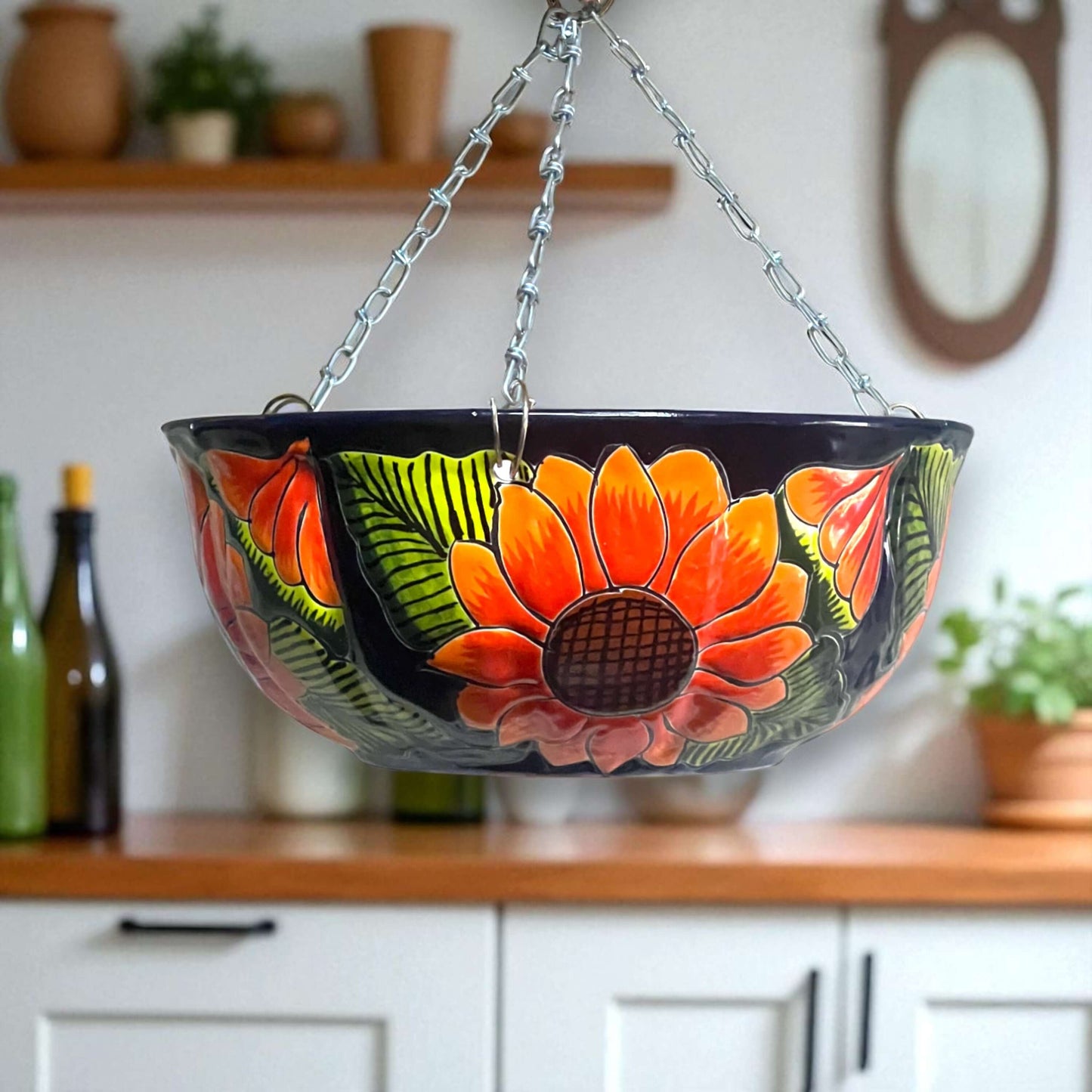 Vibrant Talavera Sunflower Hanging Planter | Artisan Pot - hand-painted sunflower hanging planter from Guanajuato, lead-free glazed ceramic