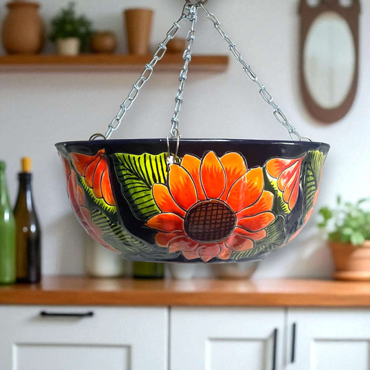 Vibrant Talavera Sunflower Hanging Planter | Artisan Pot - hand-painted sunflower hanging planter from Guanajuato, lead-free glazed ceramic