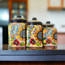 Talavera Kitchen Canister Set | Terracotta Mexican Pottery Trio - hand-painted terracotta floral and butterfly canister trio in orange, red, yellow tones