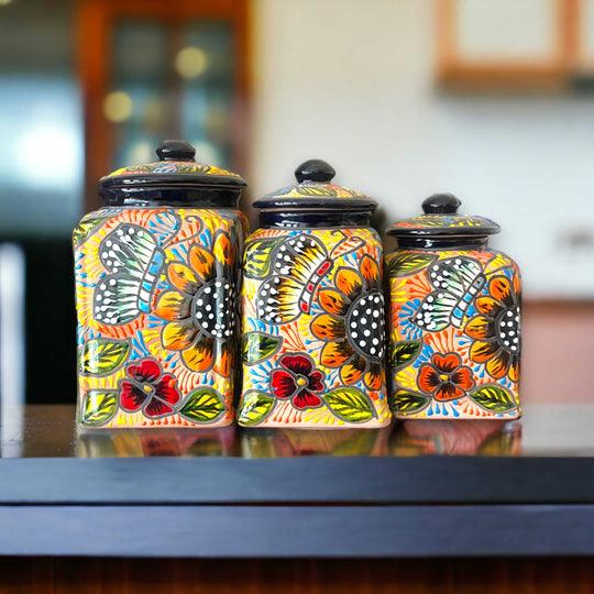 Talavera Kitchen Canister Set | Terracotta Mexican Pottery Trio - hand-painted terracotta floral and butterfly canister trio in orange, red, yellow tones