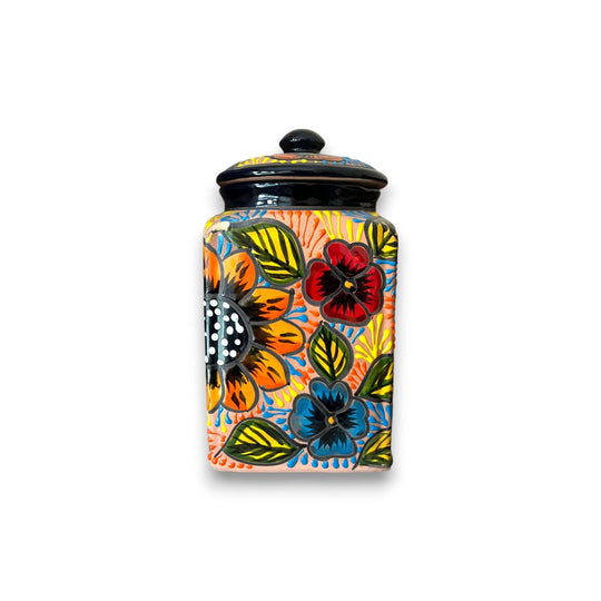 Talavera Kitchen Canister Set | Terracotta Mexican Pottery Trio - hand-painted terracotta canister with orange floral and butterfly motifs