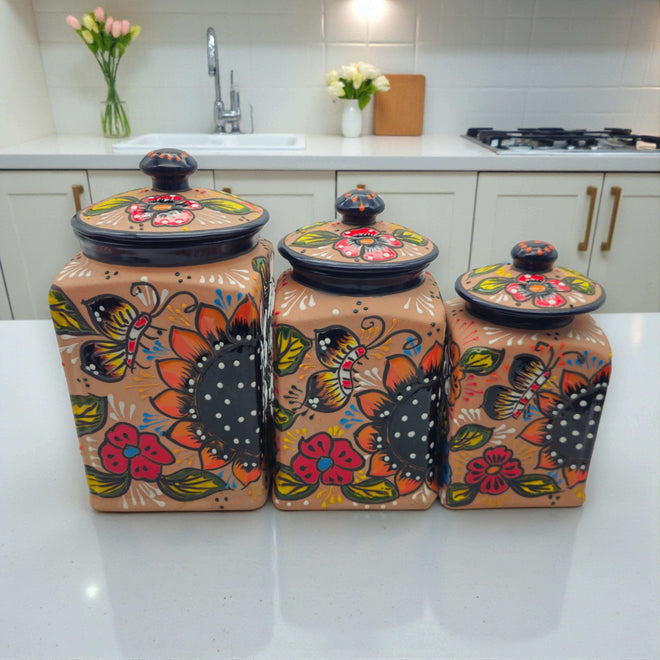 Talavera Kitchen Canister Set | Terracotta Mexican Pottery Trio - handcrafted terracotta canister trio with hand-painted floral & butterfly design