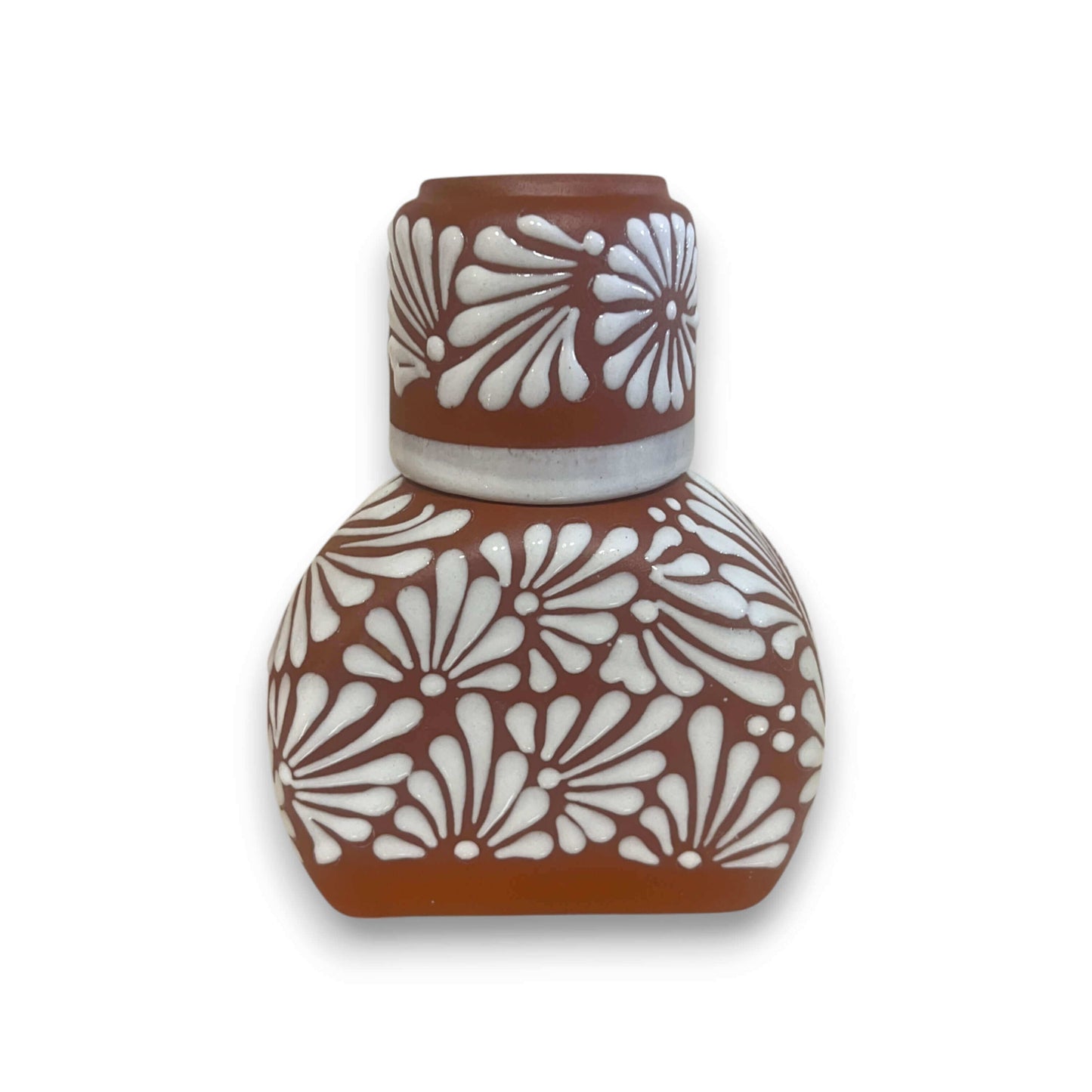 Terracotta Water Carafe Set | Hand-Painted Talavera-Style Bedside Decanter - hand-painted white floral terracotta bedside decanter
