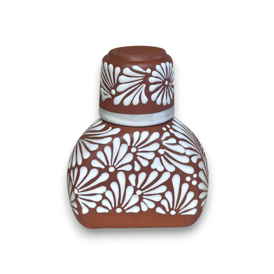 Terracotta Water Carafe Set | Hand-Painted Talavera-Style Bedside Decanter — handcrafted white-on-clay floral terracotta bedside carafe