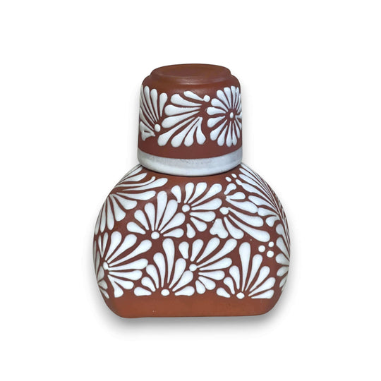 Terracotta Water Carafe Set | Hand-Painted Talavera-Style Bedside Decanter — handcrafted white-on-clay floral terracotta bedside carafe