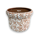Terracotta & White Talavera Planter | Handcrafted Pottery Art — hand-painted terracotta planter with white floral fan motifs, raised rim, kiln-fired, lead-free glaze