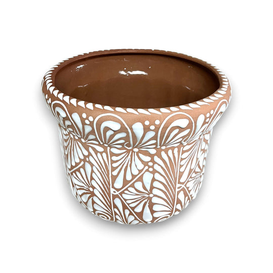 Terracotta & White Talavera Planter | Handcrafted Pottery Art - hand-painted terracotta pot with white floral fan motifs, raised rim, kiln-fired, Guanajuato artisans