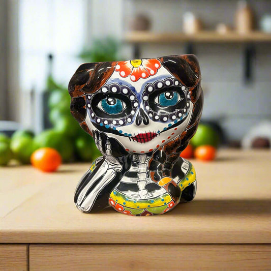 Talavera Skull Girl Planter – Hand-Painted Day of the Dead