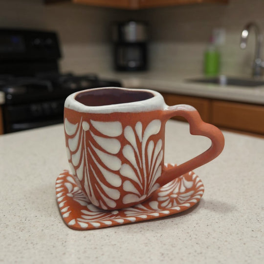 Heart-Shaped Talavera Mug Set | Brown & White Coffee Cup & Plate on kitchen counter