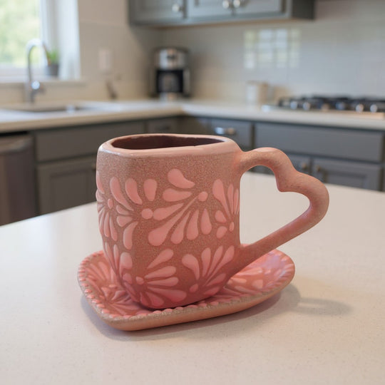 Heart Talavera Mug & Saucer Set | Pink Ceramic Coffee Cup on kitchen counter