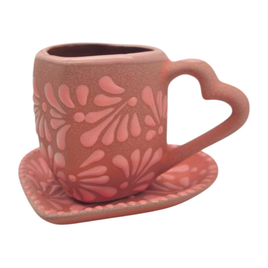 Heart Talavera Mug & Saucer Set | Pink Ceramic Coffee Cup on display