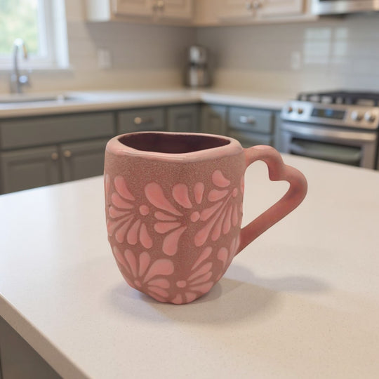 Heart Talavera Mug & Saucer Set | Pink Ceramic Coffee Cup on kitchen counter