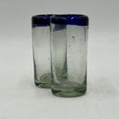 Hand Blown Mexican Shot Glass | Blue Rim Double Shot Glass Set - pair of hand-blown clear shot glasses with cobalt blue rims, subtle bubbles, thick walls