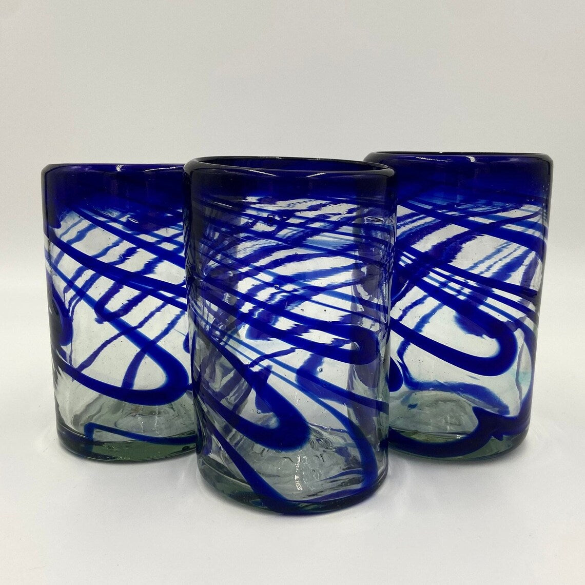 Large Hand-Blown Mexican Drinking Glass | Blue Swirl Design (20 oz)