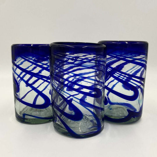 Hand-Blown Mexican Drinking Glass | Blue Swirl Design - set of three hand-blown lead-free glasses with cobalt blue swirl pattern