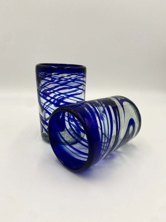 Hand-Blown Mexican Drinking Glass | Blue Swirl Design - pair of hand-blown lead-free glasses with vibrant blue swirl pattern, made in Guanajuato, Mexico