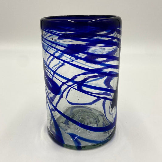 Large Hand-Blown Mexican Drinking Glass | Blue Swirl Design (20 oz)