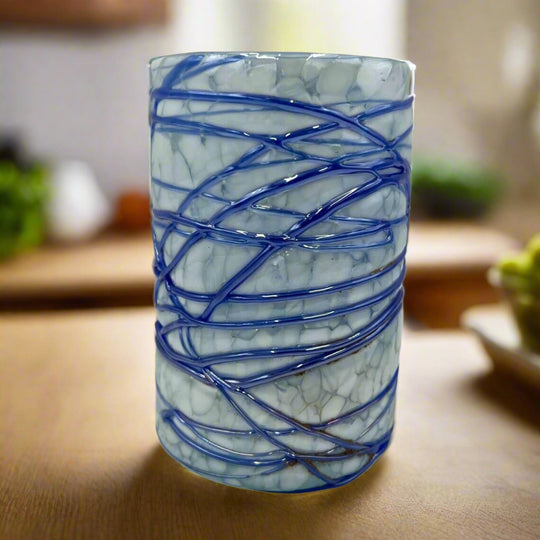 Mexican Hand Blown Drinking Glasses | White and Blue Artisan Glassware - frosted marbled tumbler with swirled cobalt blue detailing, hand-blown in Guanajuato