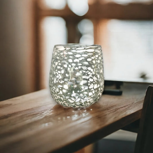 Artisan Handcrafted Stemless Wine Glass | Elegant White Pebbled Design