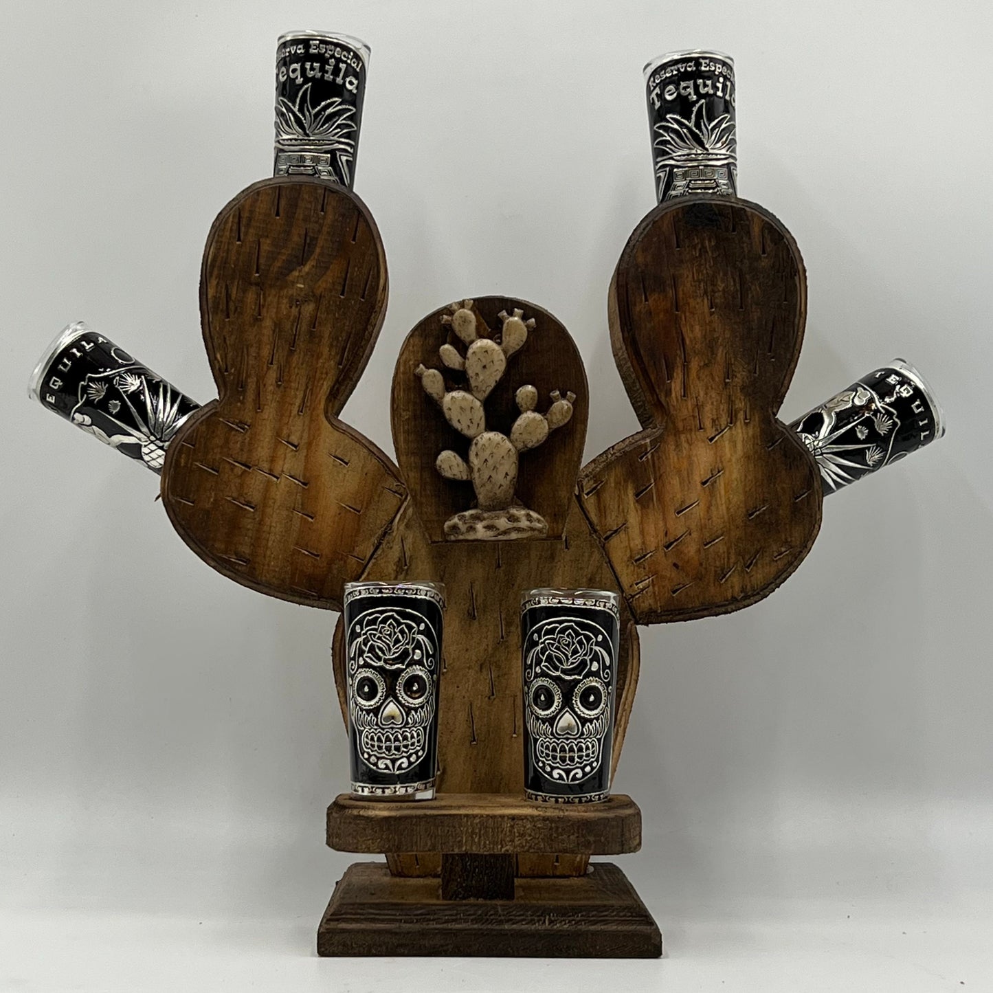 Cactus Decanter Handblown Mexican Shot Glass and Tequila Set | Solid Wood