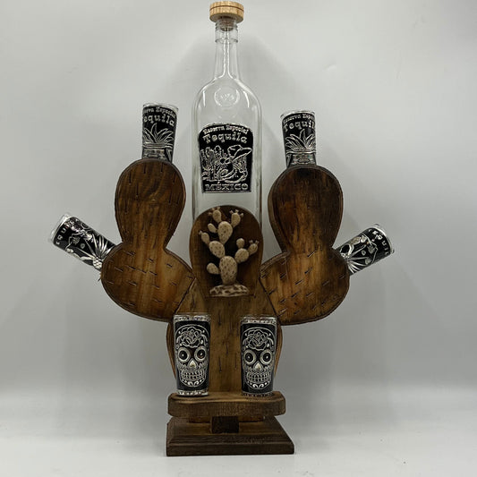 Cactus Decanter Handblown Mexican Shot Glass and Tequila Set | Solid Wood