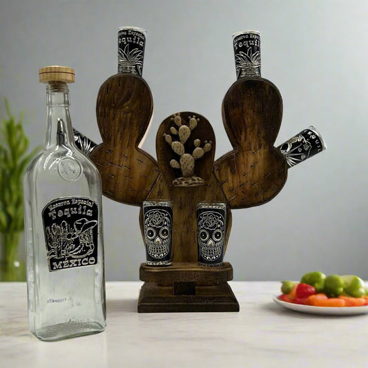 Cactus Decanter Handblown Mexican Shot Glass and Tequila Set | Solid Wood