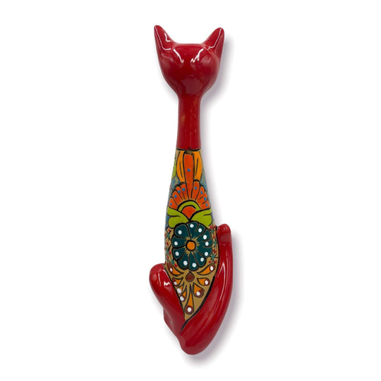 Mexican Handmade Talavera Cat Statue | Cultural Artwork (19.5" Tall) - red hand-painted Talavera ceramic cat statue with floral pattern