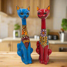 Mexican Handmade Talavera Cat Statue | Cultural Artwork (19.5" Tall) handcrafted blue and red talavera cat pair on wooden table