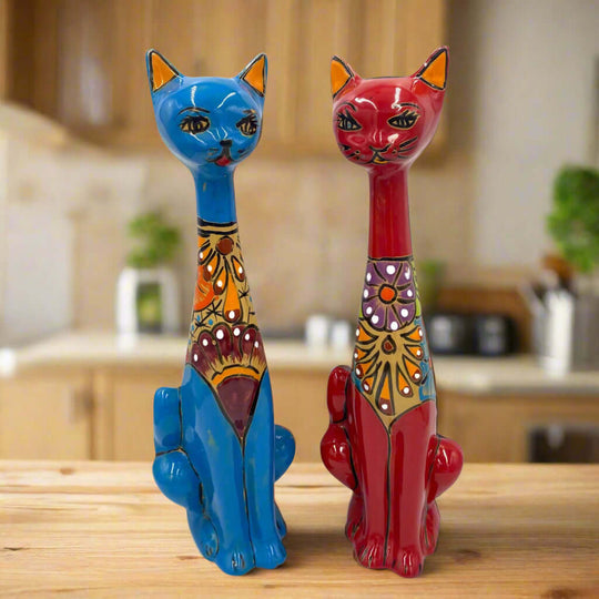 Mexican Handmade Talavera Cat Statue | Cultural Artwork (19.5" Tall) handcrafted blue and red talavera cat pair on wooden table