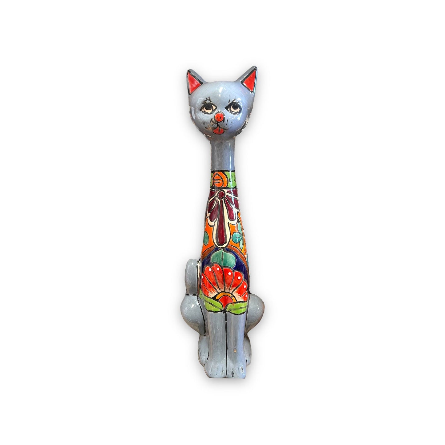 Mexican Handmade Talavera Cat Statue | Cultural Artwork (19.5" Tall)