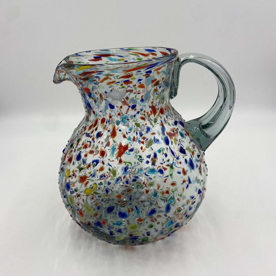 Confetti Glass Pitcher | Hand-Blown Mexican Rock Jug – hand-blown lead-free glass pitcher with colorful confetti rock texture, thick base, glass handle