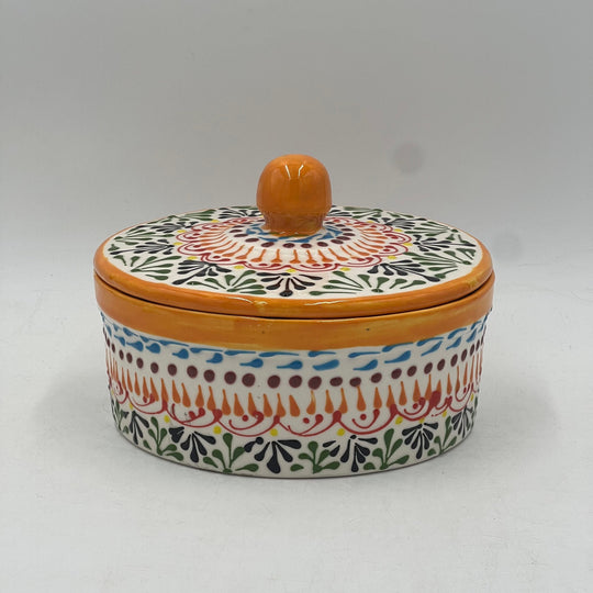Handmade Talavera Tortilla Warmer | Authentic Puebla Mexican Pottery hand-painted orange-lidded Talavera tortilla warmer, floral design, kiln-fired