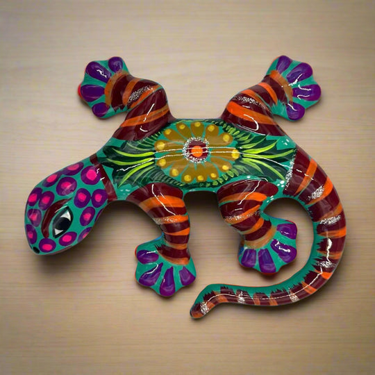 Hand-Painted Talavera Lizard Figurine | Colorful Mexican Wall Decor - vibrant hand-painted Talavera lizard with pink, turquoise, orange, purple patterns