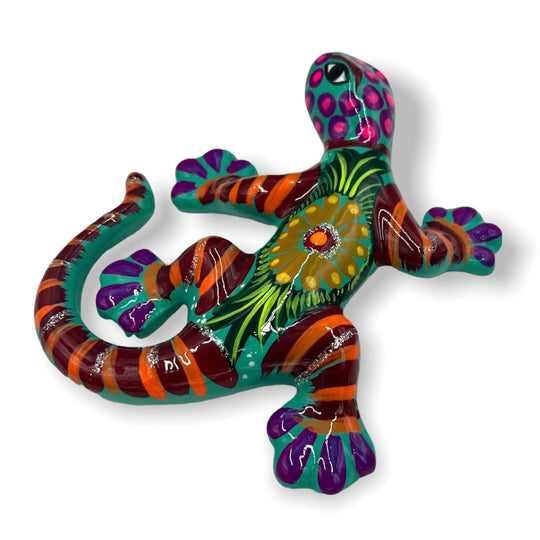 Hand-Painted Talavera Lizard Figurine | Colorful Mexican Wall Decor - vibrant hand-painted Talavera lizard with pink, turquoise, purple & orange patterns