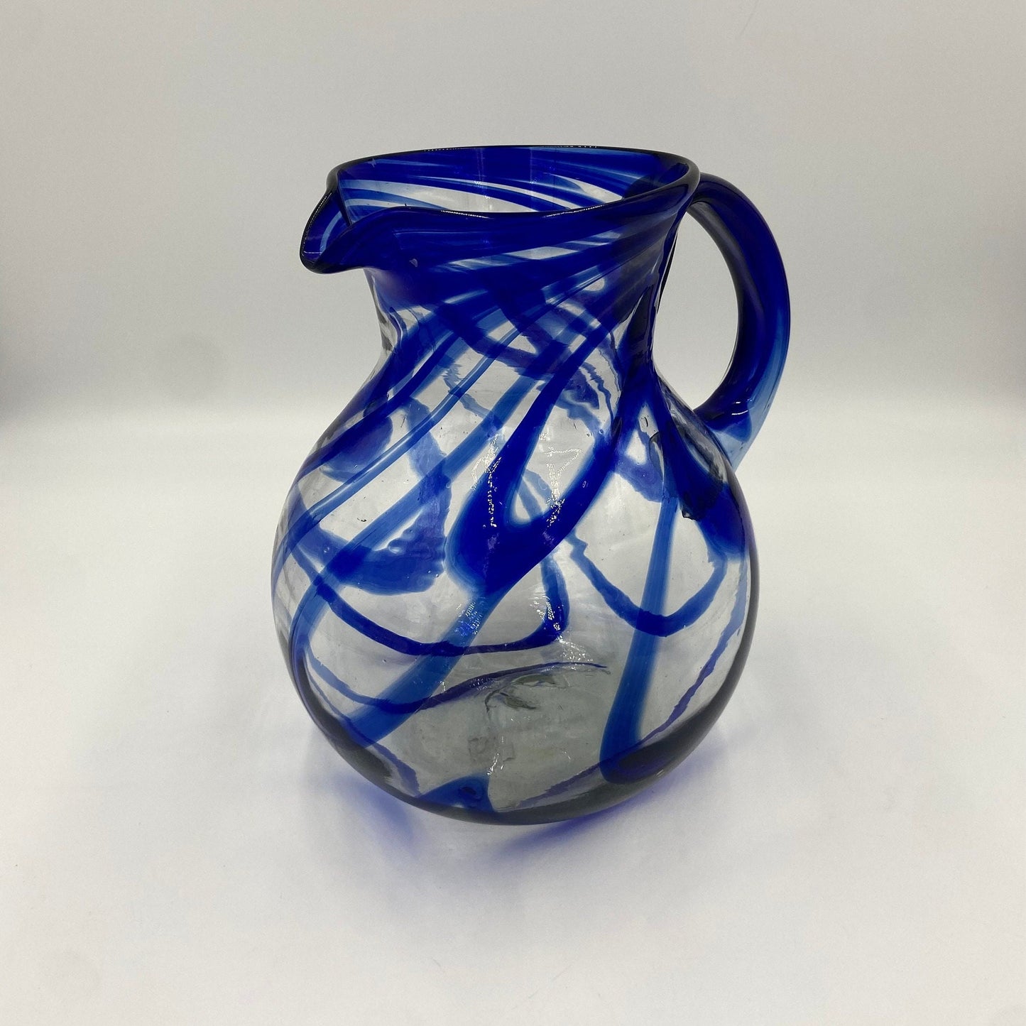 Authentic Hand Blown Mexican Glass Pitcher | Stunning Blue Swirl Design